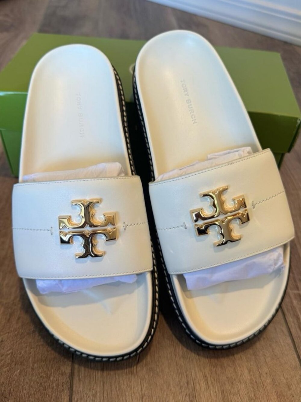 Tory Burch Everly Anatomic Lug Slide Sandals Ivory Leather Size 8